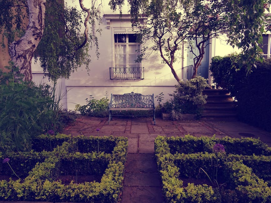 A tidy residential garden in SW4 featuring a narrow, raised flower bed bordered with white painted walls, containing a mix of low-growing green shrubs, pink-flowered plants, and ornamental grasses. Adjacent to the flower bed is a paved pathway made of red bricks and gray cobblestones, leading to a white front door with a blue-painted wooden panel on its side. The exterior of the house is white with large windows, some with white trim and a small balcony above. Shadows from nearby trees cast dappled light onto the garden, highlighting the well-maintained appearance. Gardeners Clapham specialize in garden maintenance, including hedge trimming and lawn care, ensuring the outdoor space remains neat and inviting.